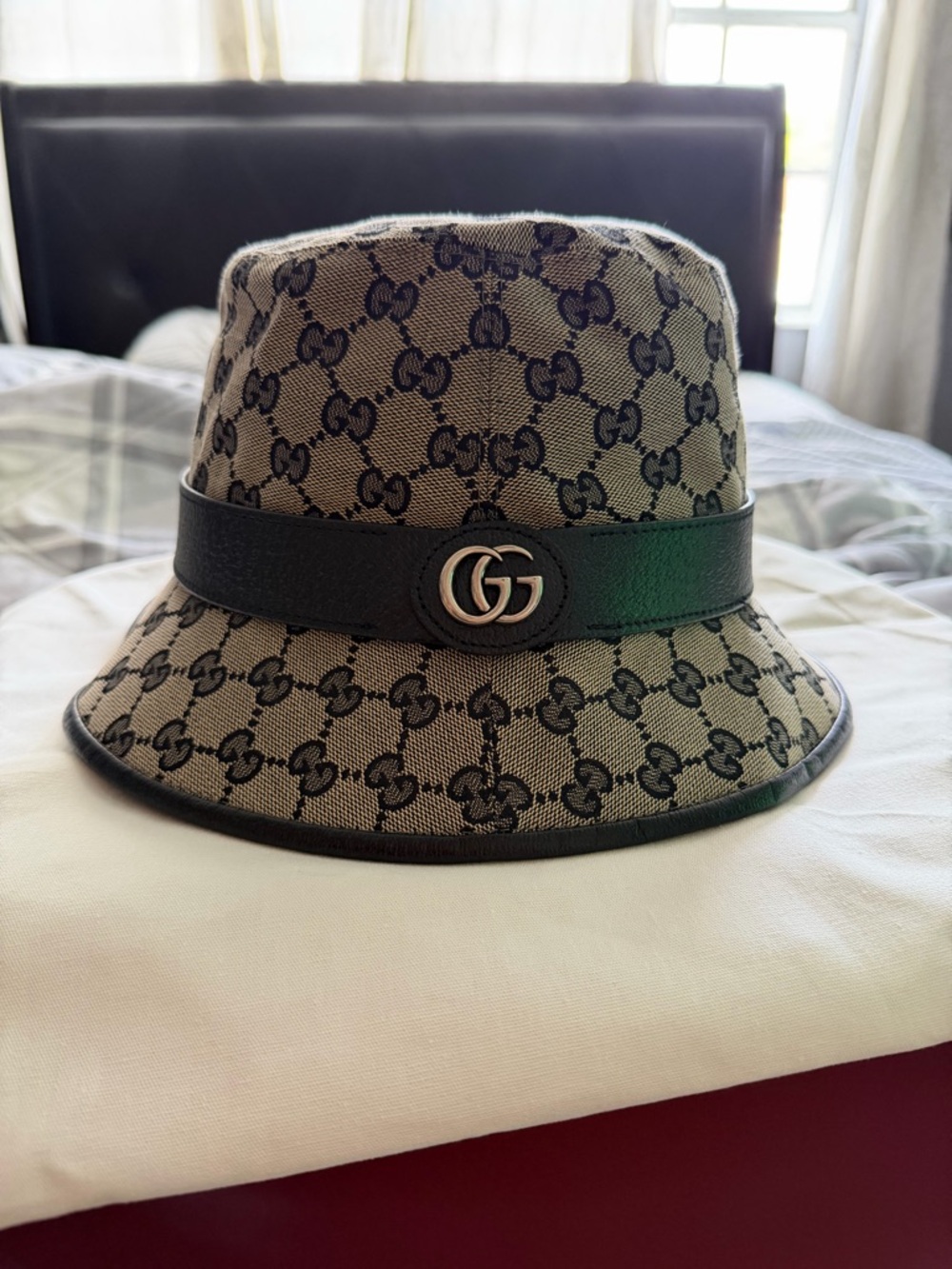 Gucci Blue Beige Monogram Bucket Hat with Black Leather Band